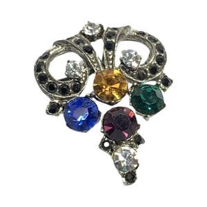 VINTAGE Art Deco Style Multicolored RHINESTONE Fleur De Lis BROOCH Purple Green